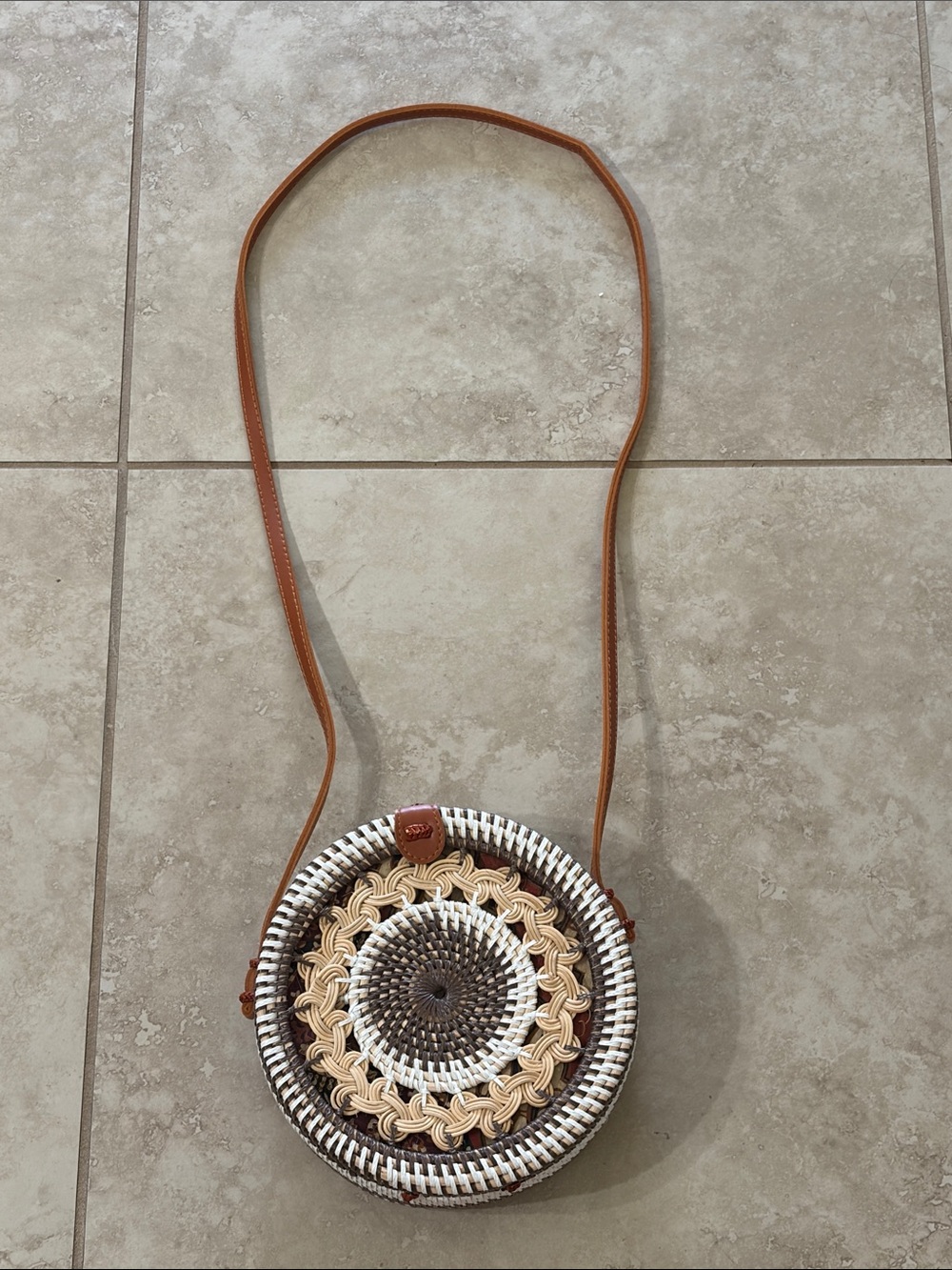 Woven Round Crossbody Bag - Beige/Brown